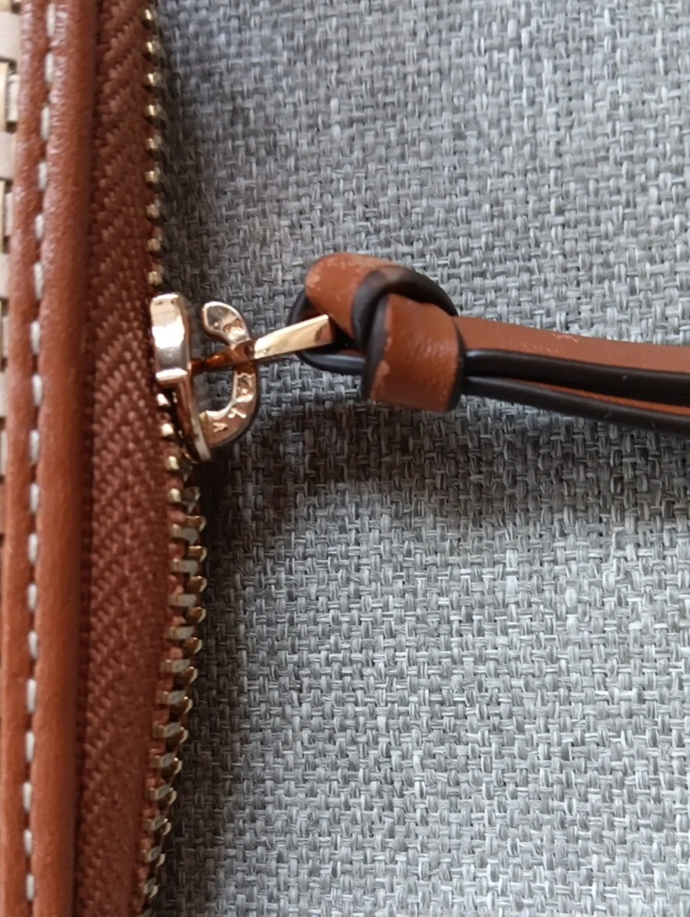Tory Burch Thea Boho Woven Leather Zip Continental Wallet Cream& Brown with Logo